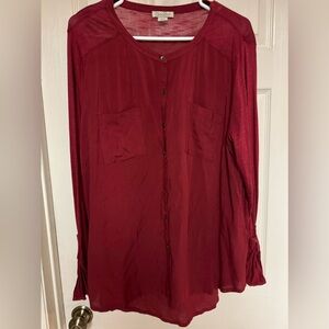 Women’s dark red, Lucky Brand, Live in Love, button down tunic blouse. XL.